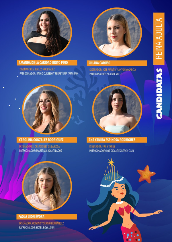 Five candidates vie to become the Adult Queen of the Los Gigantes Carnival 2026